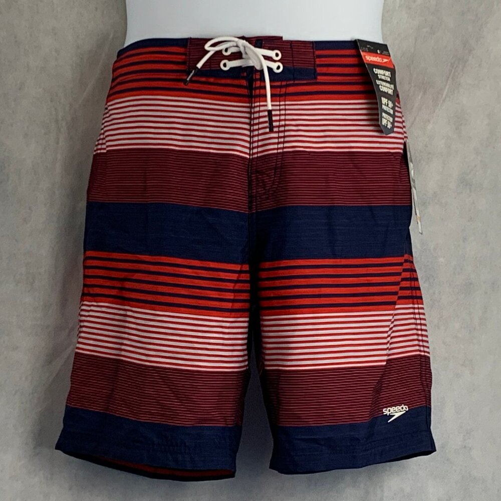 Speedo Men's Border Line Performance 9'' Board Shorts, Red White Blue, Small